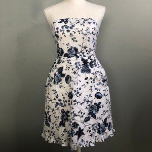 Blue and White Floral Strapless Dress